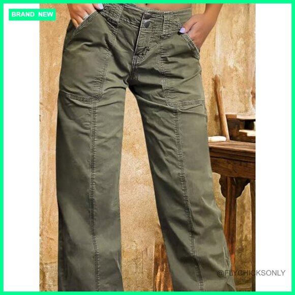 Straight Leg Mid Rise Pants, Cotton Spandex, Flap Pocket Casual Wear - Picture 2 of 7